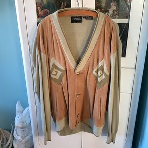Saxony Collection 80’s Vintage Cardigan with Geometric Design sz L euc Leather